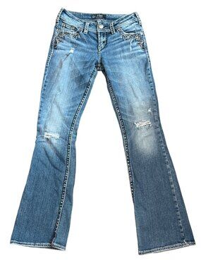 Silver Jeans Co. Womens Embroidered Distressed Bootcut Jeans Size W26/L32 Denim